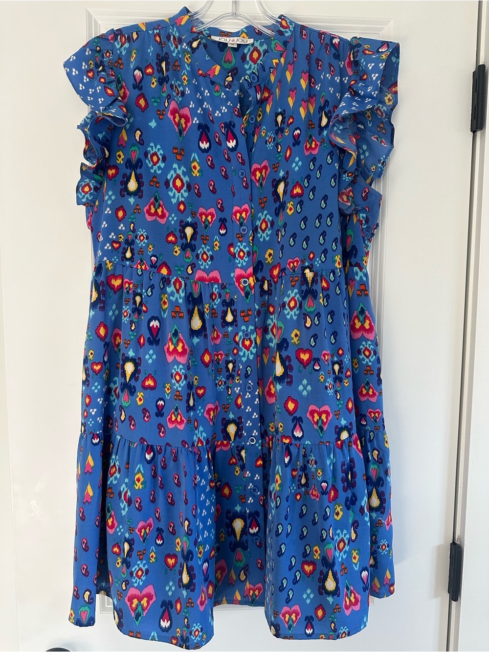 Woman’s Blue Ikat Print Ruffle Sleeve Dress